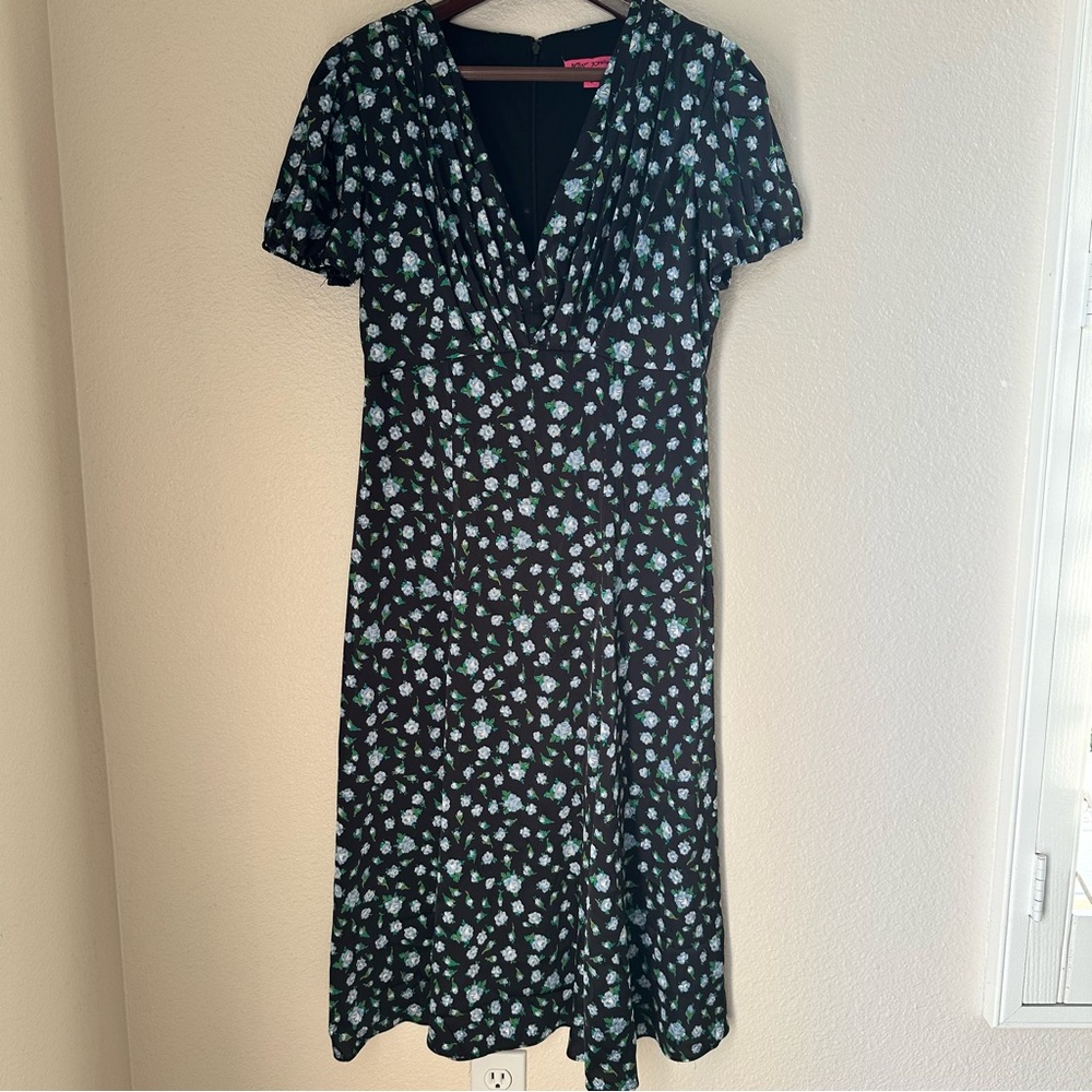 Betsey Johnson Midi Babydoll Dress Black & Blue Floral Satin Puff Sleeves Sz 8